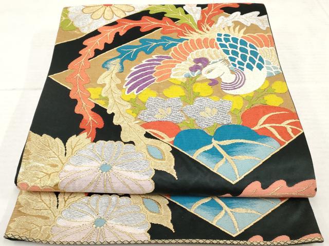 平和屋着物◎六通柄袋帯　唐織　鳳凰花文　黒地　金銀糸　正絹　逸品　AAAV3012sg