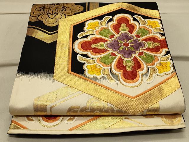 平和屋着物◎六通柄袋帯　唐織　亀甲花文　黒地　金糸　正絹　逸品　CAAS4638ft