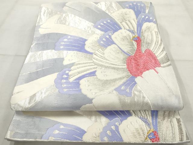平和屋着物◎六通柄袋帯　唐織　孔雀　銀糸　正絹　逸品　AAAV3028sg
