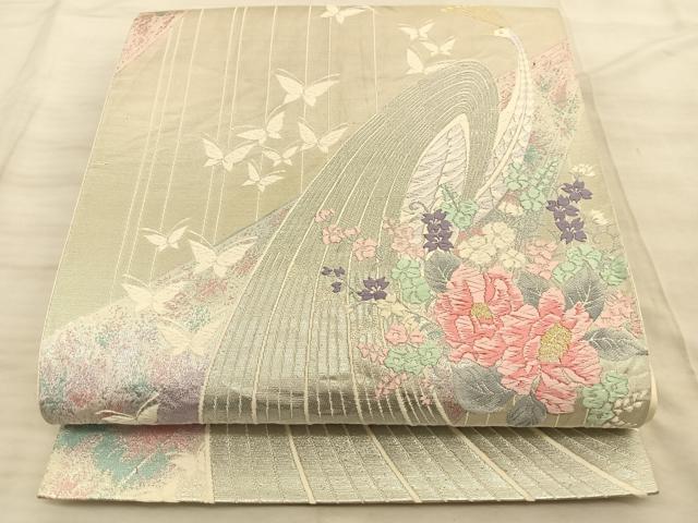 平和屋着物◎六通柄袋帯　唐織　孔雀花蝶文　金銀糸　正絹　逸品　BAAT3286du