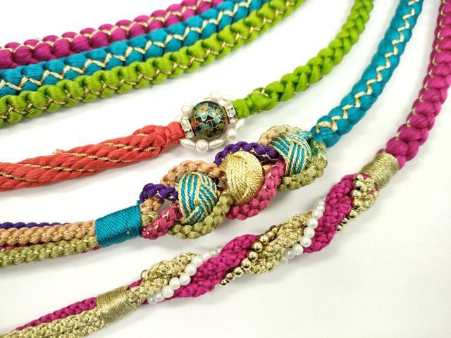 平和屋着物▼和装小物　帯締め3本セット　振袖用　飾り付き　小田巻き　飾り玉　マゼンタ　シアン　草色..