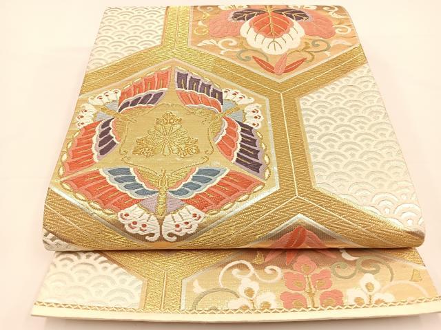 平和屋着物◎六通柄袋帯　唐織　亀甲花蝶文　金糸　正絹　逸品　BAAS9433ow