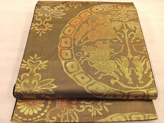 平和屋着物◎六通柄袋帯 狩猟文 黒地 金糸 正絹 逸品 BAAT1488gt