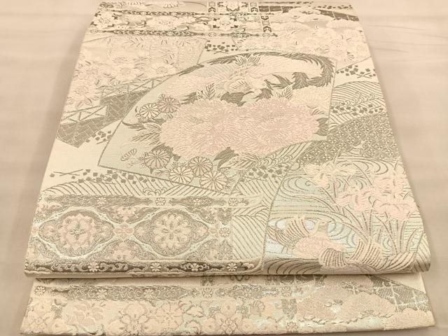 平和屋着物◎六通柄袋帯　唐織　格天扇面散草花文様　プラチナ箔　銀糸　正絹　逸品　BAAT1489gt