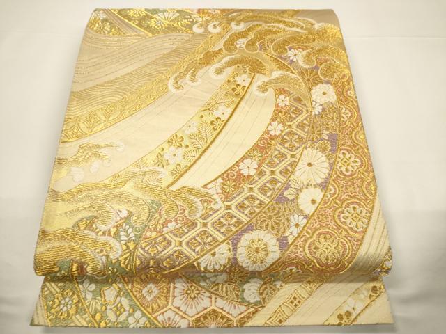 平和屋着物▼六通柄袋帯 唐織 立波吉祥花文 金糸 正絹 逸品 CABC3561ak