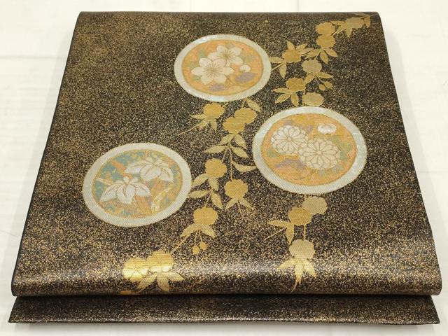 平和屋着物▼太鼓柄袋帯　螺鈿箔　花丸文　黒地　金彩　引箔　正絹　逸品　AABC6262wj