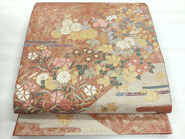 平和屋着物◎太鼓柄袋帯　作家物　蒔絵錦　草花文　正絹　逸品　CABH1822nb