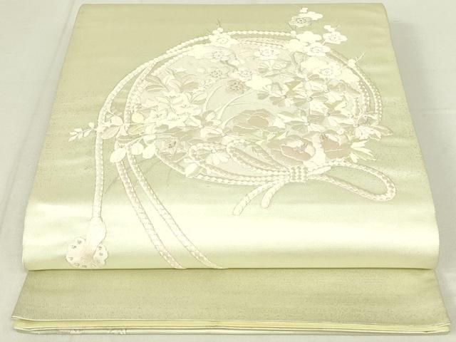 平和屋着物◎西陣　太鼓柄袋帯　総刺繍　組紐花文　銀糸　正絹　逸品　DAAX7506qp