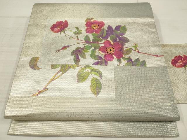 平和屋着物▼九寸名古屋帯　螺鈿　草花文　金銀彩　引箔　正絹　逸品　AABC6278wj