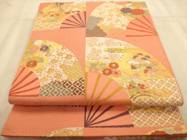 平和屋着物◎六通柄袋帯　唐織　扇面花文　金糸　正絹　逸品　AABB1538dt