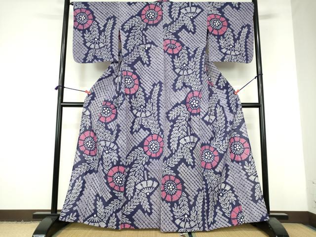 平和屋着物∴夏物　浴衣　有松鳴海絞り　扇面花繋ぎ文　綿　逸品　未使用　DABI3319cd