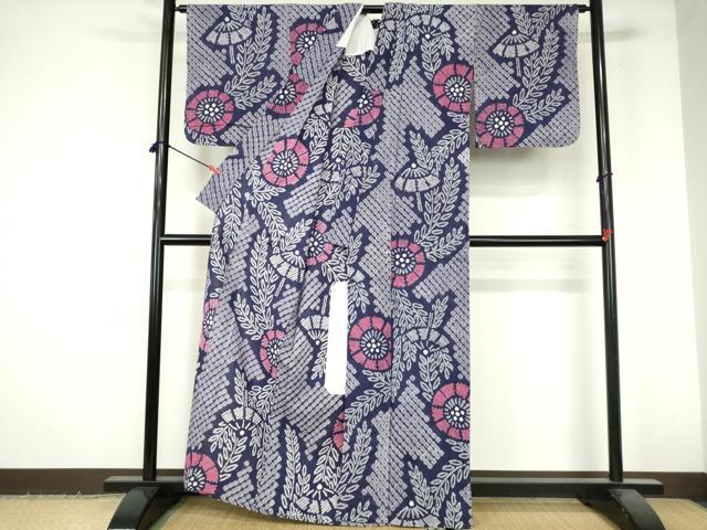 平和屋の平和屋着物∴夏物　浴衣　有松鳴海絞り　扇面花繋ぎ文　綿　逸品　未使用　DABI3319cd｜アングル2