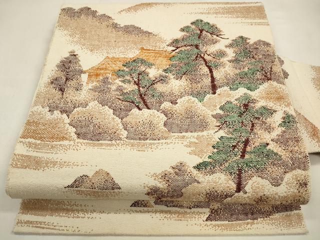 平和屋着物◎八寸名古屋帯　紬地　風景文　正絹　逸品　CABA3607qe
