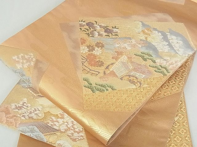 平和屋着物■六通柄袋帯 色紙重ね風景文 金糸 逸品 rt2783