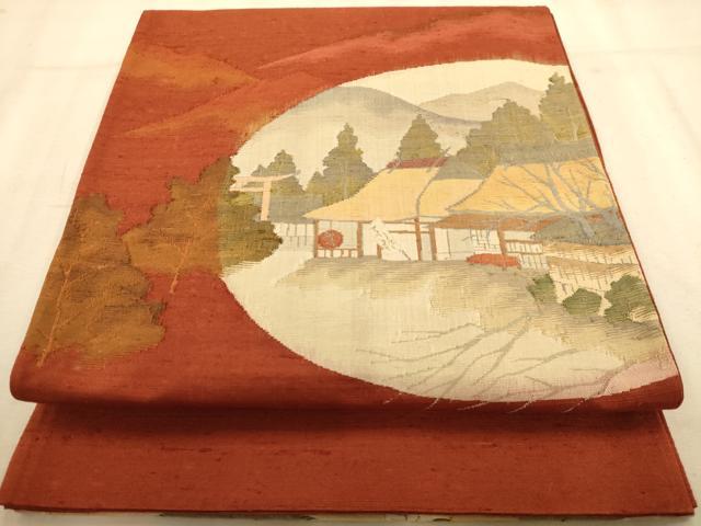 平和屋着物◎太鼓柄袋帯　紬地　風景文　正絹　逸品　AABB1543dt