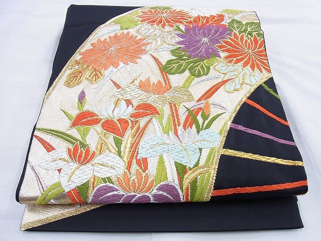 平和屋着物◎六通柄袋帯 唐織 扇面花文 黒地 金銀糸 逸品 BAAF0882jm