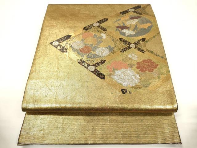 平和屋着物▼太鼓柄袋帯 螺鈿箔 草花菱文 金糸 引箔 正絹 逸品 CABC3555ak