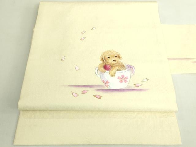 Rakuten - 平和屋着物●極上　九寸名古屋帯　手描き　ティーカッププードル　舞桜　金彩　蒸栗色地　逸品　DZAB7100kh6