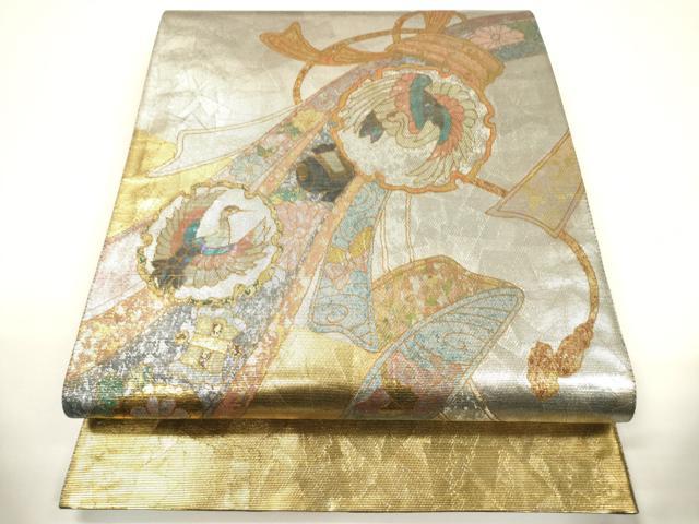 平和屋着物▼太鼓柄袋帯 螺鈿箔 雪輪束ね熨斗飛鶴花蝶文 金銀彩 三越扱い 正絹 逸品 CABC3553ak