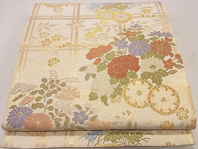 平和屋着物■全通柄袋帯 唐織 格子花車文 金糸 逸品 ha6922