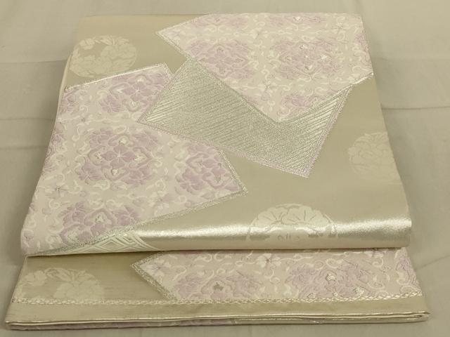 平和屋着物◎六通柄袋帯　唐織　色紙重ね更紗花文　銀糸　正絹　逸品　AABB0666ou