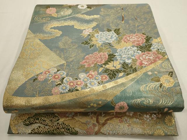 平和屋着物▼六通柄袋帯　流水花文　松竹梅　金銀糸　正絹　逸品　AABD7727wj