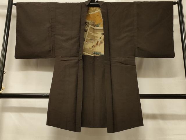 平和屋着物＃男性　長羽織　紬地　霞文　鉄黒色　正絹　逸品　CABD7654in