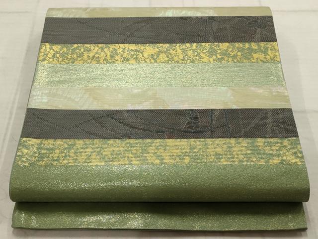 平和屋着物▼六通柄袋帯　螺鈿箔　間道大島　横段文　金彩　引箔　正絹　逸品　AABB9978wj