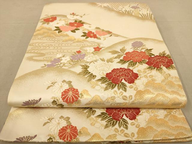 平和屋着物◎六通柄袋帯　唐織　遠山風景花文　金糸　正絹　逸品　AABC8556dt