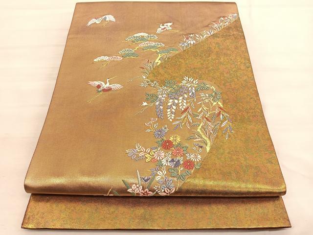 平和屋着物◎西陣　高島織物　太鼓柄袋帯　唐織　飛鶴花文　青銅箔　正絹　逸品　BAAV5475hv