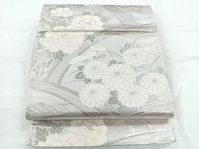 平和屋着物◎六通柄袋帯 唐織 地紙花文 銀糸 正絹 逸品 CABC1899nb