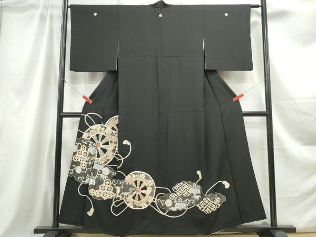 平和屋着物■豪華黒留袖 駒刺繍 総刺繍 源氏車花文 金銀糸 正絹 逸品 DABC0855qa