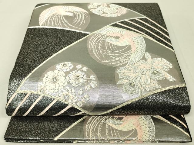 平和屋着物◎六通柄袋帯　扇面花鳥丸文　金銀糸　正絹　逸品　DAAK2198zy