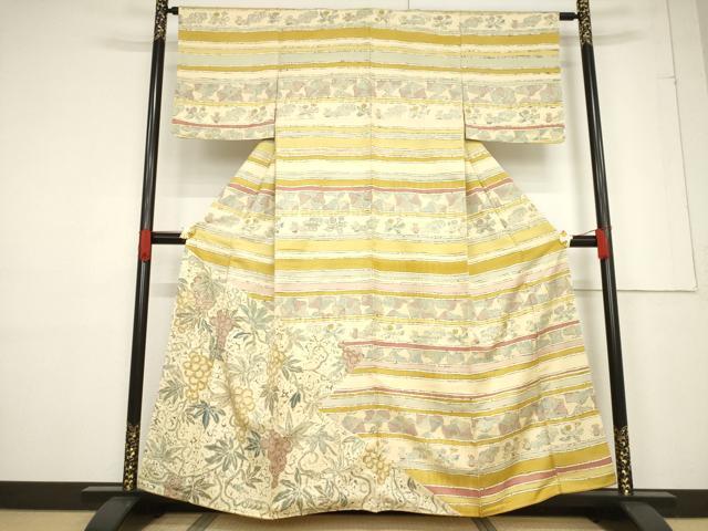 Rakuten - 平和屋着物●訪問着　横段葡萄唐草文　正絹　逸品　AABF1806ck