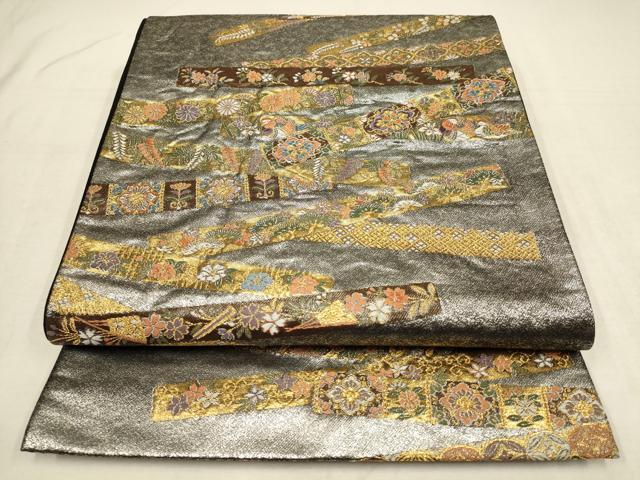 平和屋着物▼六通柄袋帯　瑞祥錦　建都千二百年　誇都　鬘帯鴛鴦草花文　黒地　金銀糸　引箔　正絹　逸..
