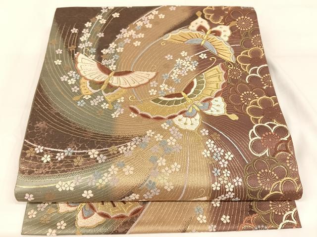 平和屋着物◎両面六通柄袋帯　唐織　流線花蝶文　金糸　正絹　逸品　AABB0743uw