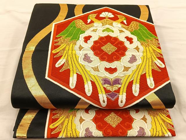 平和屋着物◎六通柄袋帯　唐織　花鳥文　黒地　金糸　正絹　逸品　BAAT5666xa