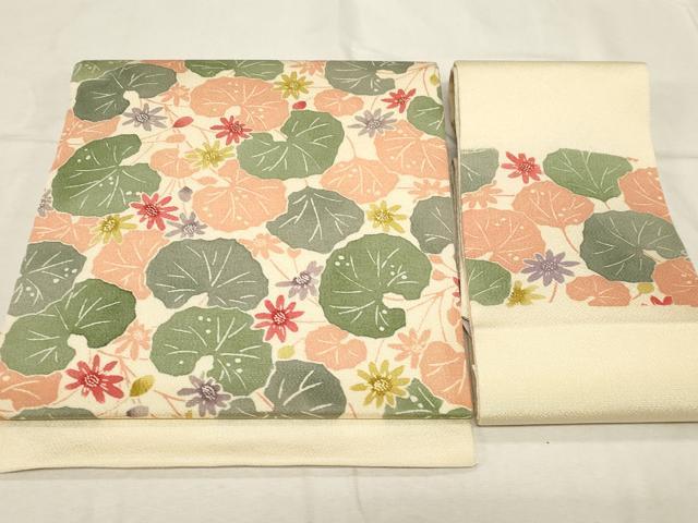 平和屋着物●つけ帯　型染め　草花文　鬼しぼ縮緬　正絹　逸品　CABC8404dy