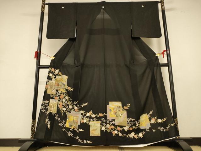平和屋着物＊夏物　黒留袖　絽　色紙人物花文　金彩　正絹　逸品　AABD8983jd