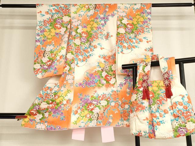 平和屋着物[]七五三　女の子　3歳　祝着・被布セット　一つ身　花鼓文　暈し染め　金彩　正絹　逸品　AABF2325ja