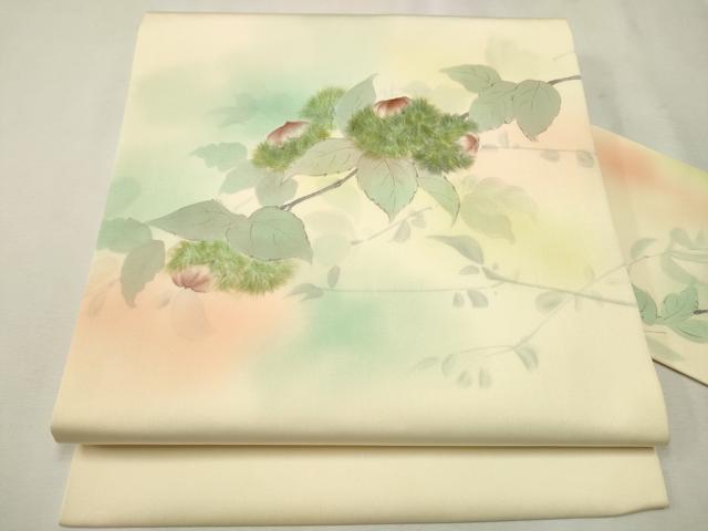 平和屋着物●塩瀬 九寸名古屋帯 作家物 手描き 栗 正絹 逸品 CAAV7090hy