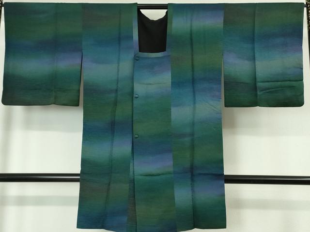 平和屋本店■極上　道行コート　ロング丈　リバーシブル　暈し染め　青緑×黒地　逸品　DZAA5929kh5のサムネイル