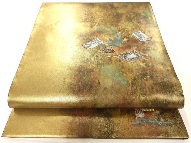 平和屋着物◎六通太鼓柄袋帯　刺繍　硯に松　霞文　金糸　引箔　正絹　逸品　AAAM8014jz