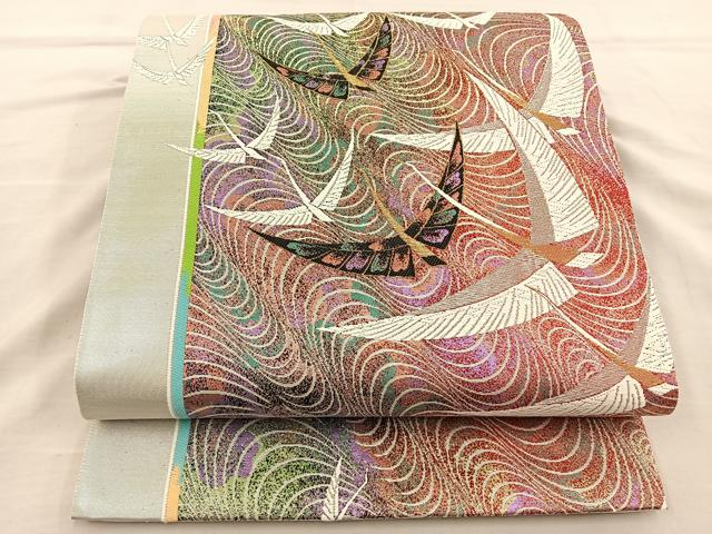 Kimono - 平和屋着物◎六通柄袋帯　唐織　群鶴　金糸　正絹　逸品　BAAT5673xa