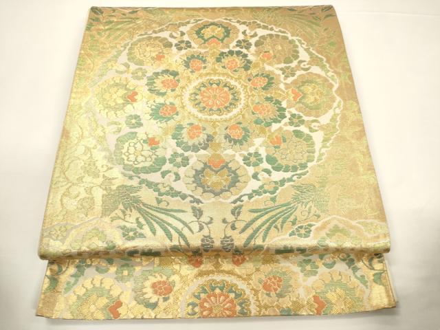 平和屋着物▼六通柄袋帯 正倉院花鳥文 金糸 正絹 逸品 CABC3565ak