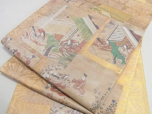 平和屋着物■六通太鼓柄袋帯 色紙人物風景文 金彩 逸品 mz3148 平和屋着物■六通太鼓柄袋帯 色紙人物風景文 金彩 逸品 mz3148
