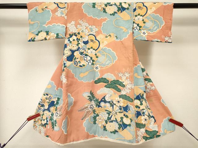 平和屋着物[]アンティーク 大正ロマン 七五三 女の子 3歳 祝着 三つ身 源氏車花文 DABA3898ma