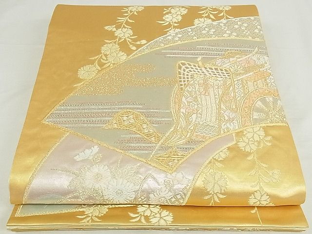 平和屋着物■太鼓柄袋帯 地紙御所車花文 金銀糸 正絹 逸品 A-hg581