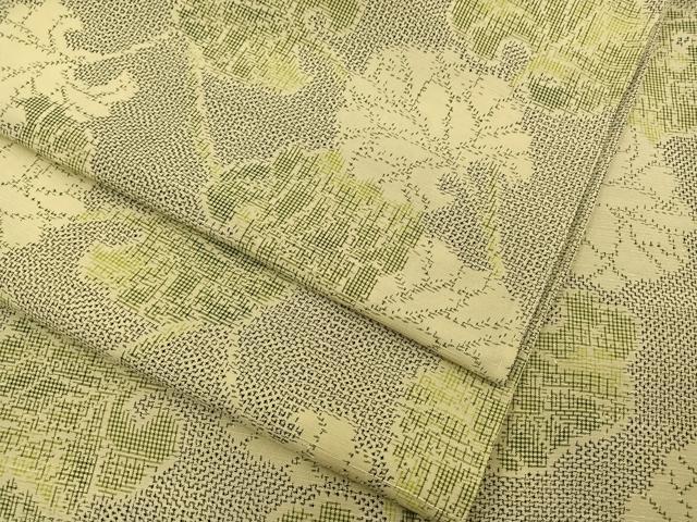 平和屋着物▽上質な紬　単衣　葉尽くし　正絹　逸品　BAAS5242ui