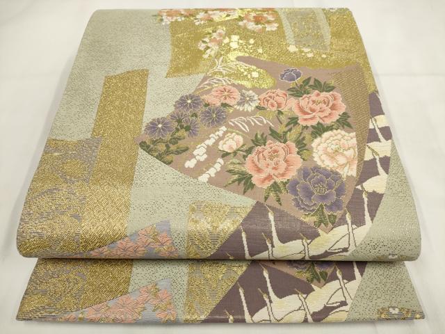 平和屋着物▼六通柄袋帯　色紙草花文　金糸　正絹　逸品　AABG6445wj